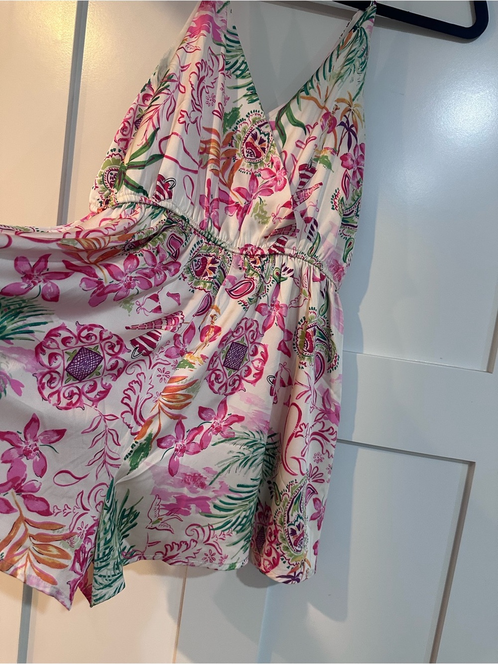 Dress Forum Cream riomper with Pink Floral and Green Leaf Accents